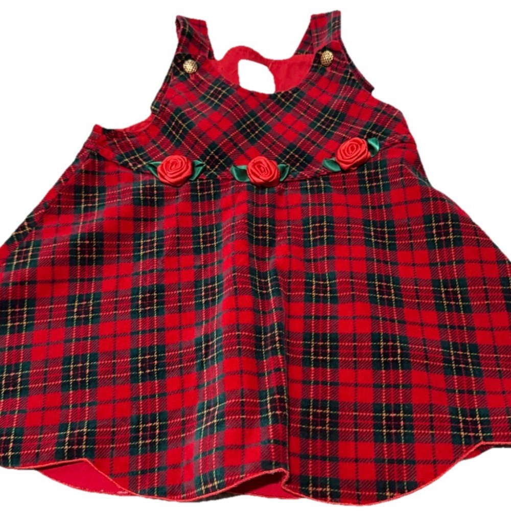 Vintage Plaid Red Kids Dress with Floral Accents 24M
